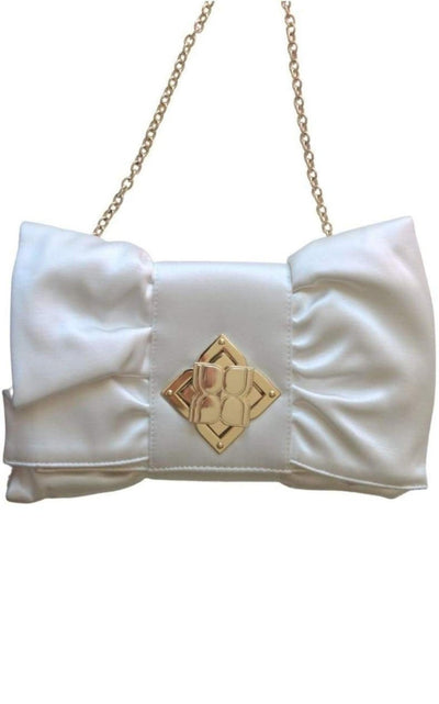 BCBGMAXAZRIA White Satin Signature Bow Ruffle Clutch - Runway Catalog