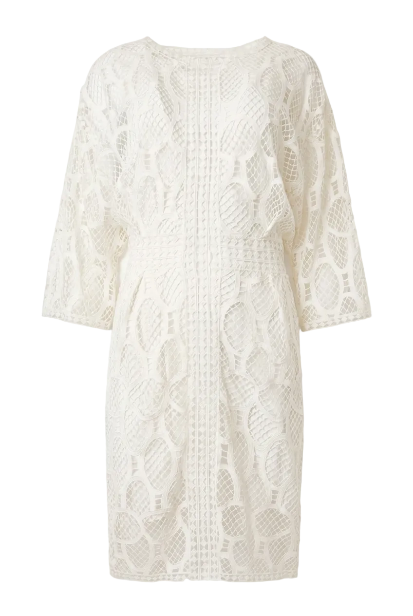 An off-white lace dress with three-quarter sleeves and a textured, openwork pattern, shown against a plain light background.