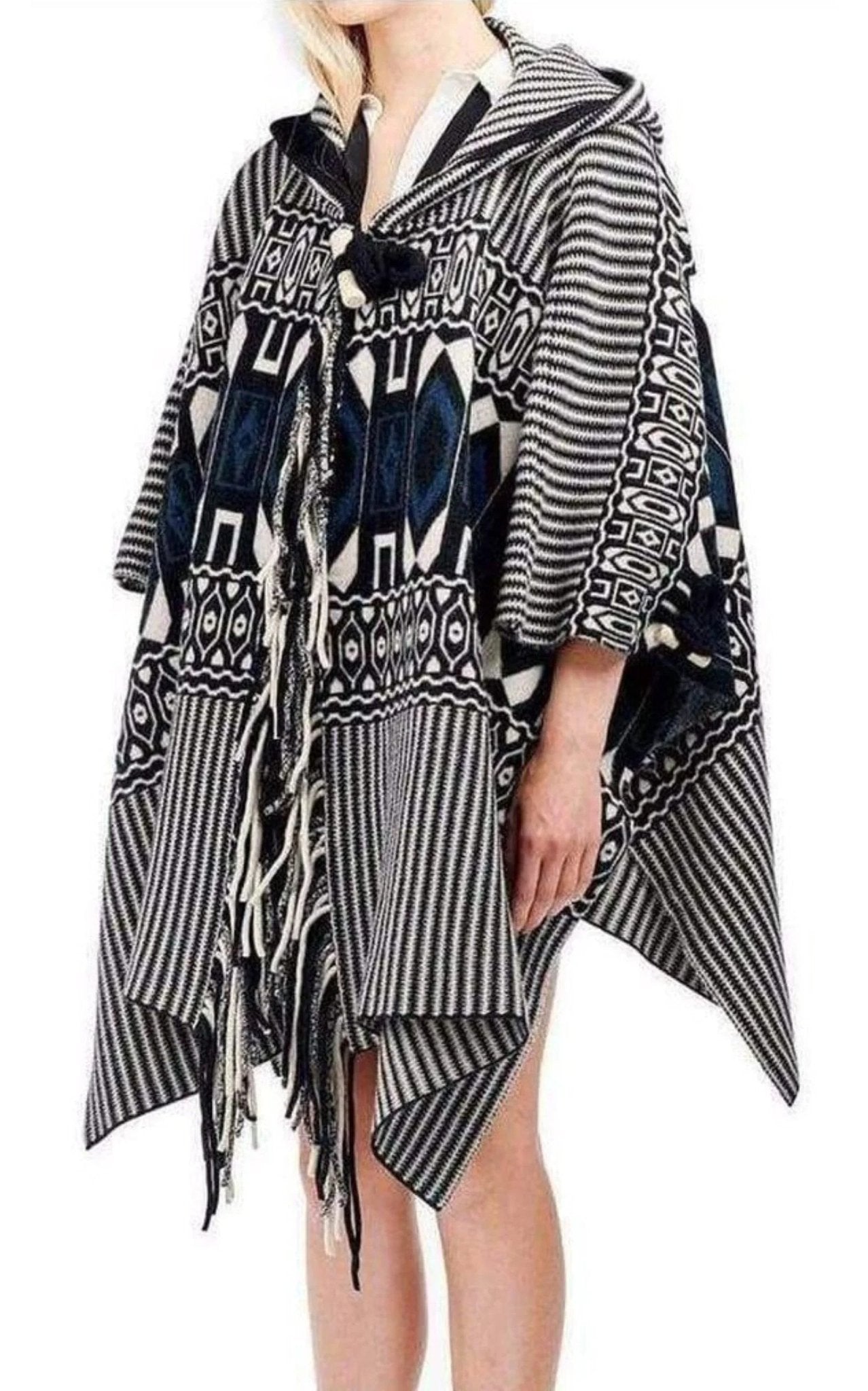 Chloe Intarsia Hooded Cape Poncho - Runway Catalog