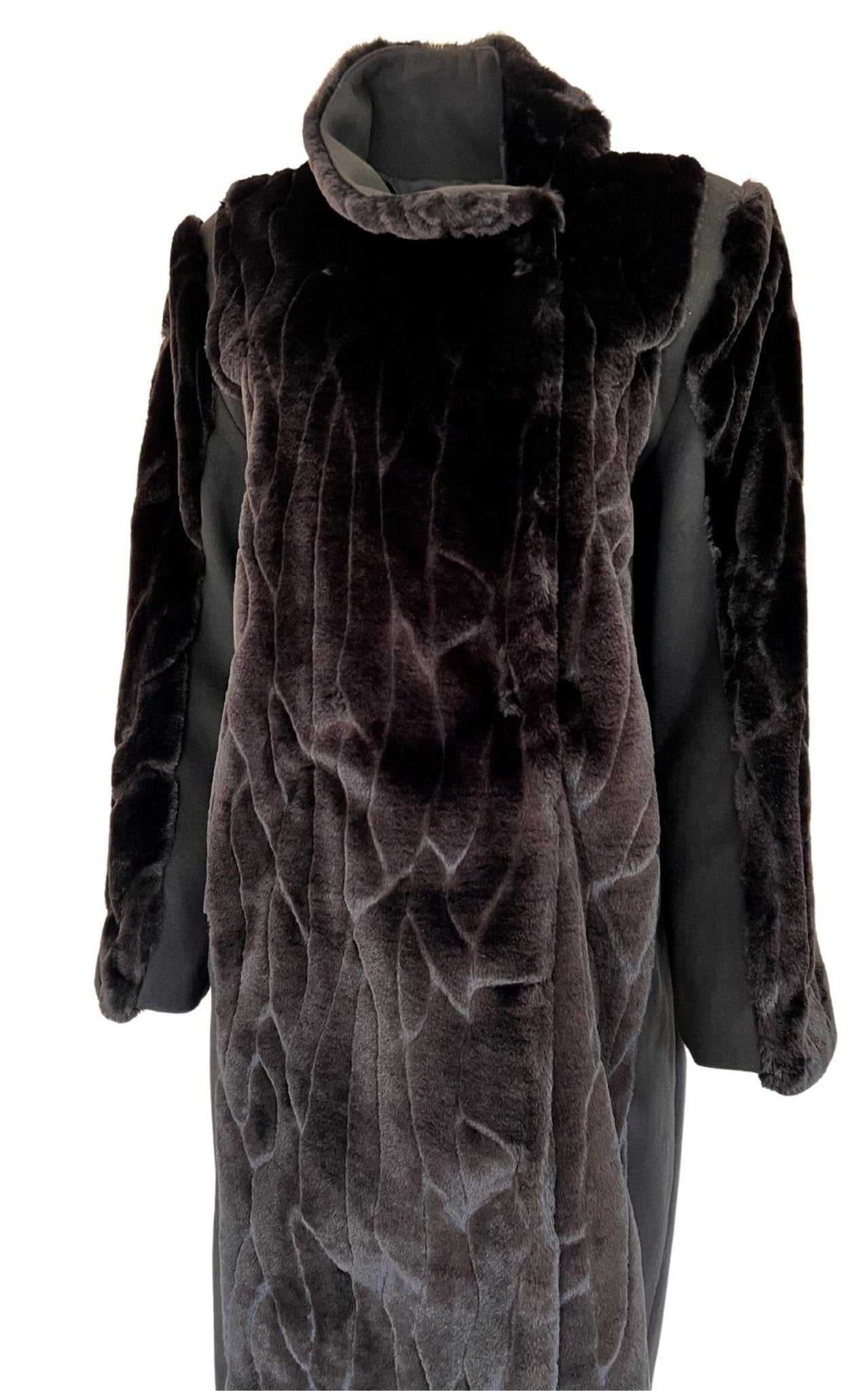 Cult Moda Black Faux Fur Details Long Trench Coat - Runway Catalog