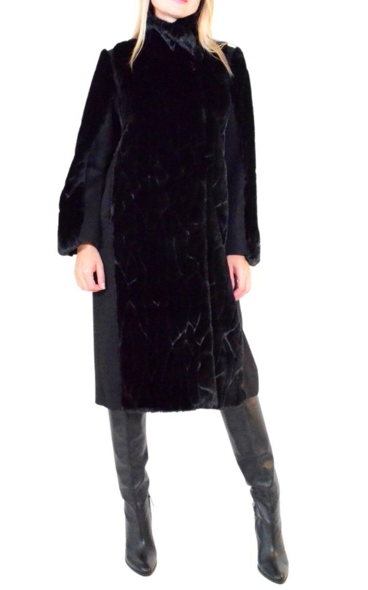 Cult Moda Black Faux Fur Details Long Trench Coat - Runway Catalog