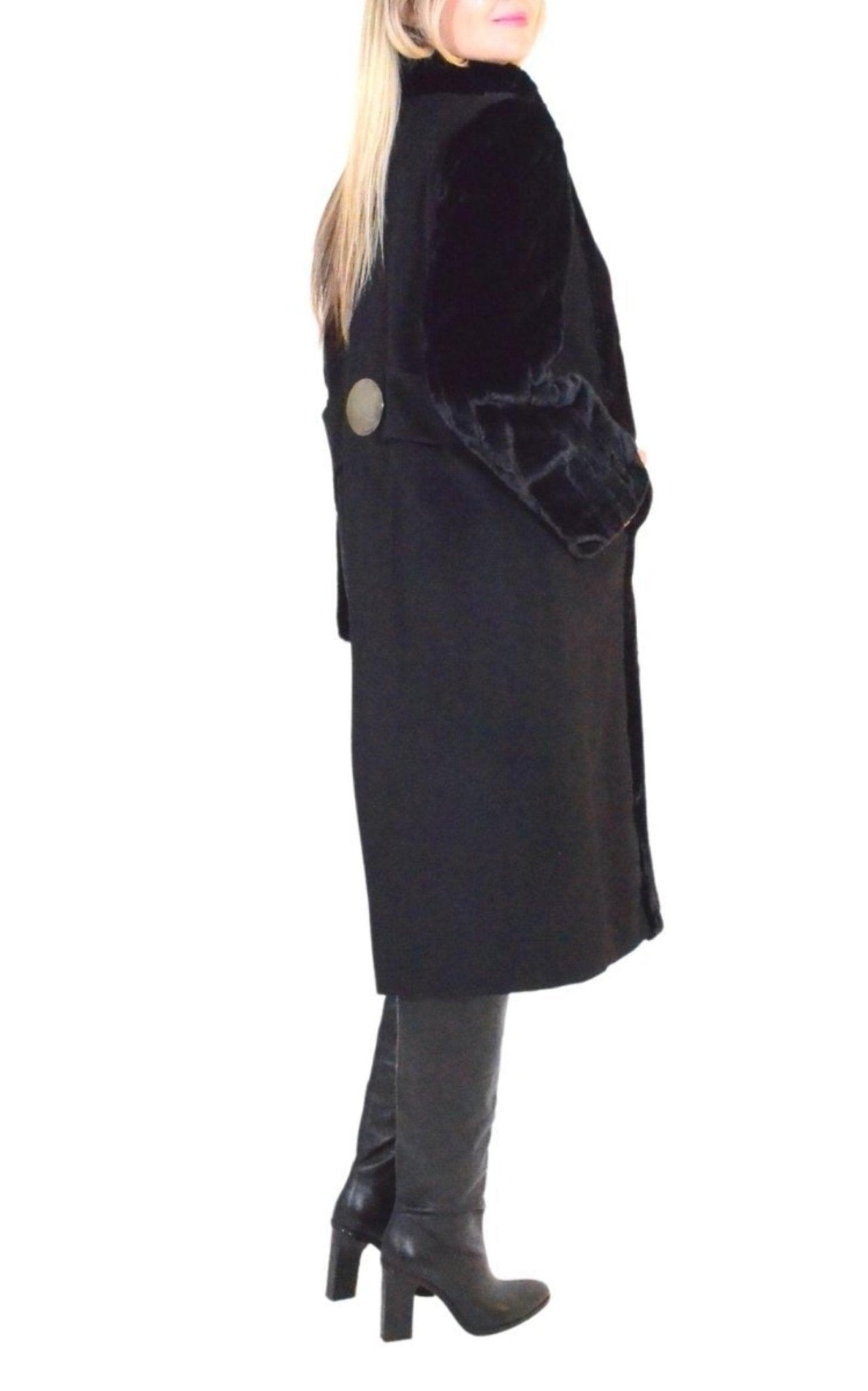 Cult Moda Black Faux Fur Details Long Trench Coat - Runway Catalog