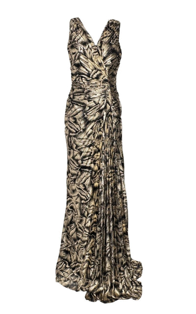 Cult Moda Black Rose Print Gold Shimmer Pleated Prom Dress - Runway Catalog