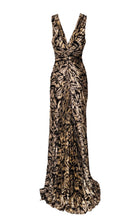 Vestido de fiesta plisado con estampado de rosas negras y brillo dorado de Cult Moda - Catálogo Runway