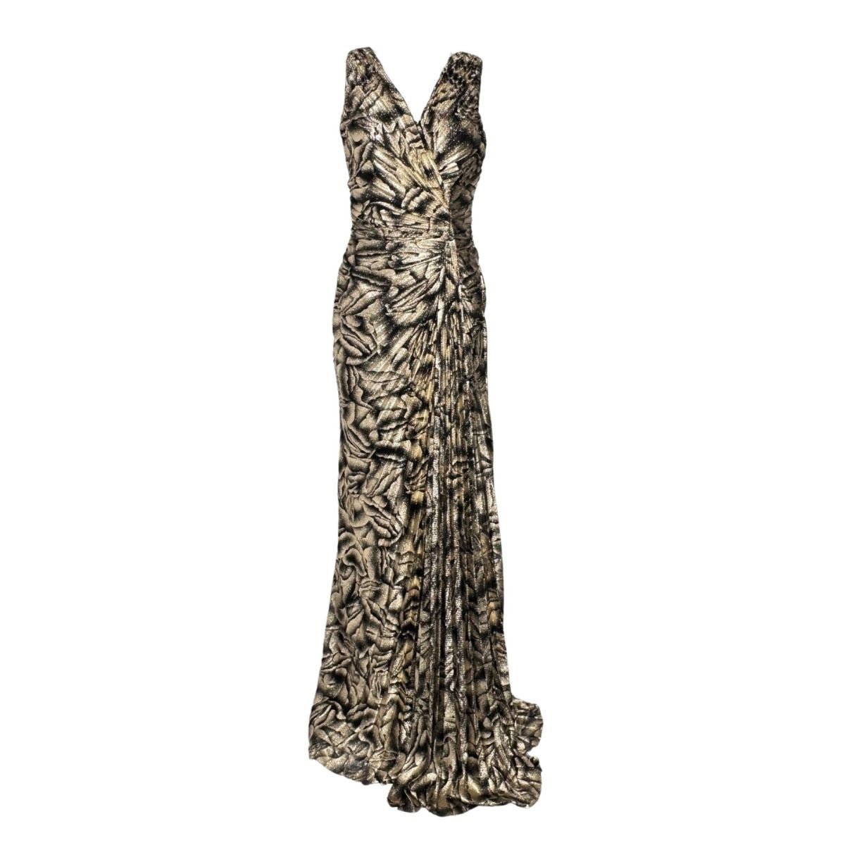 Cult Moda Black Rose Print Gold Shimmer Pleated Prom Dress - Runway Catalog