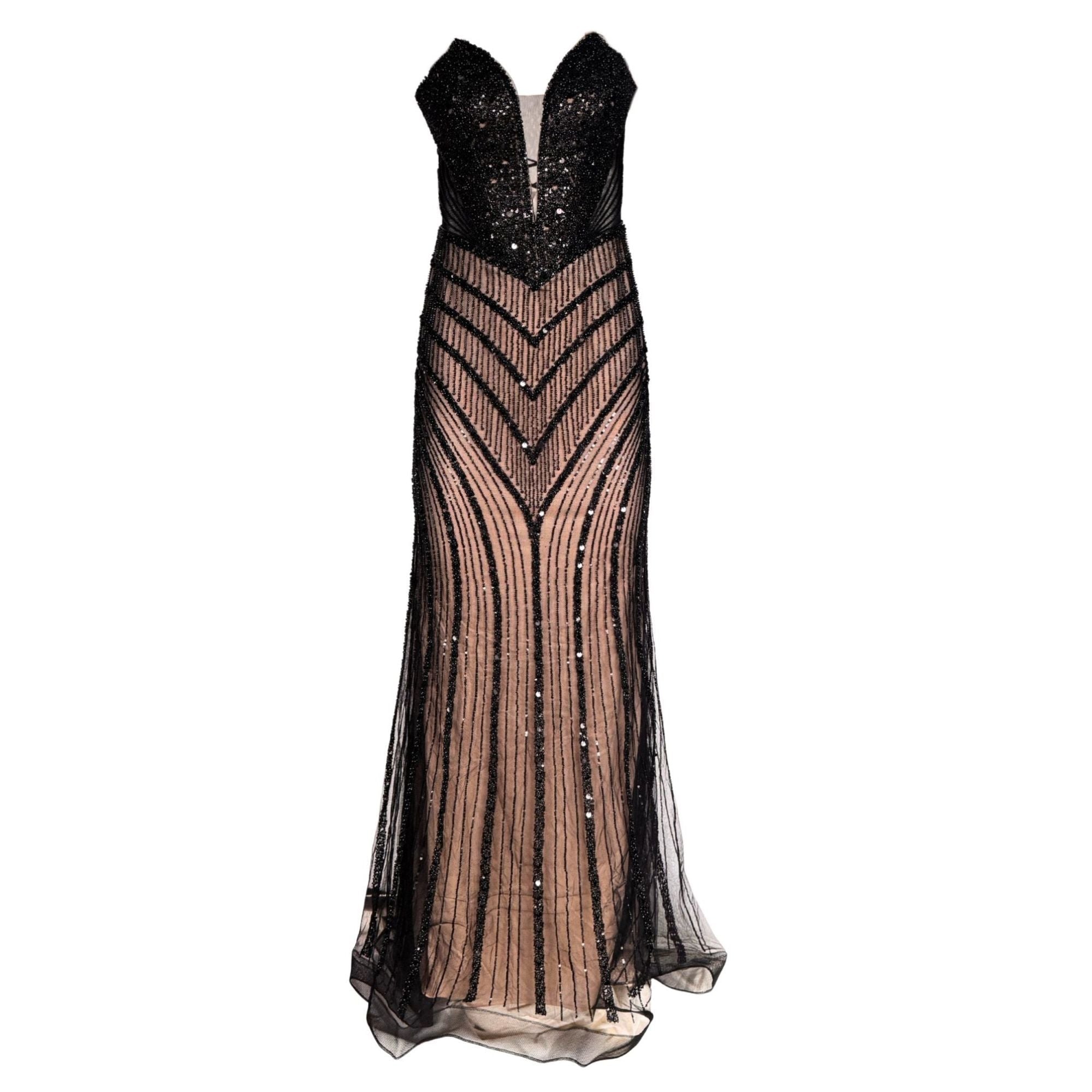 Cult Moda Black Strapless Beaded Fitted Dress Corset Bodice Maxi Formal Gown Dress - Runway Catalog