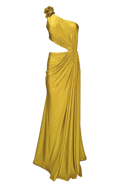 Cult Moda Crystal Embellished Cutout Mustard Cocktail Dress - Runway Catalog