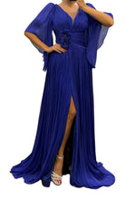 Cult Moda Elegant Chiffon Evening Dress Gown with Floral Brooch in Blue - Runway Catalog
