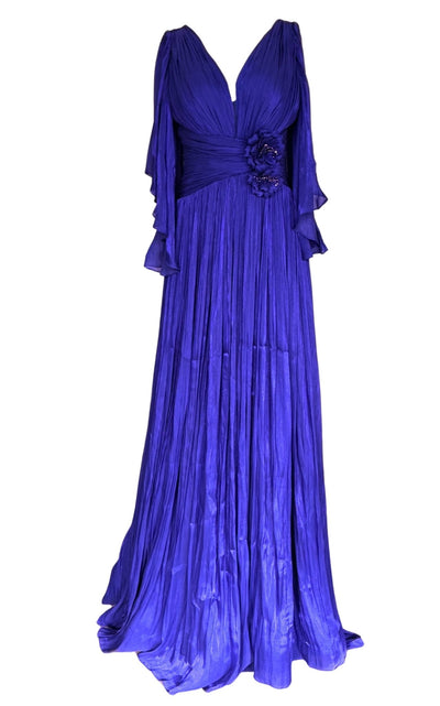Cult Moda Elegant Chiffon Evening Dress Gown with Floral Brooch in Blue - Runway Catalog