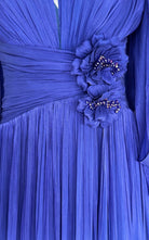 Cult Moda Elegant Chiffon Evening Dress Gown with Floral Brooch in Blue - Runway Catalog