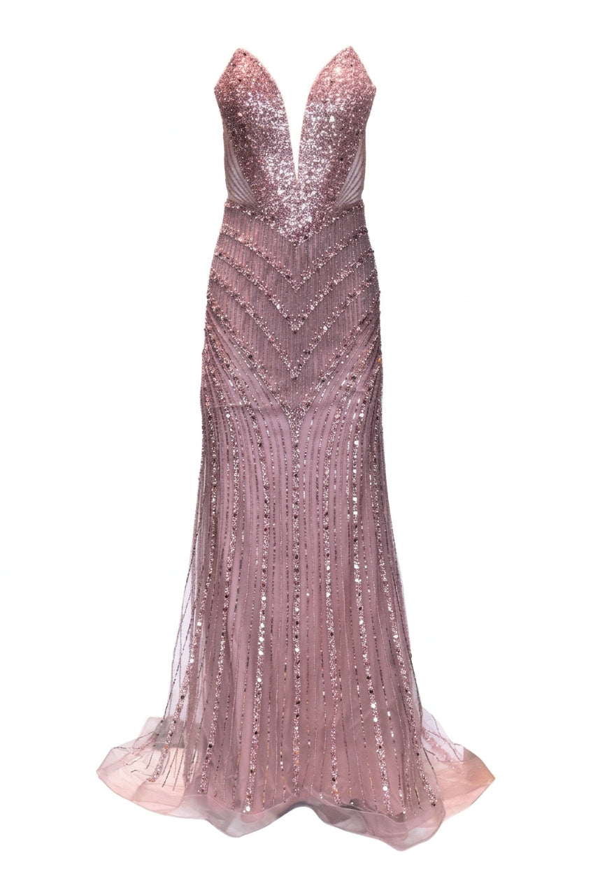 Cult Moda Formal Pink Dress V Plunge Neckline Strapless Beaded Fitted Dress - Runway Catalog