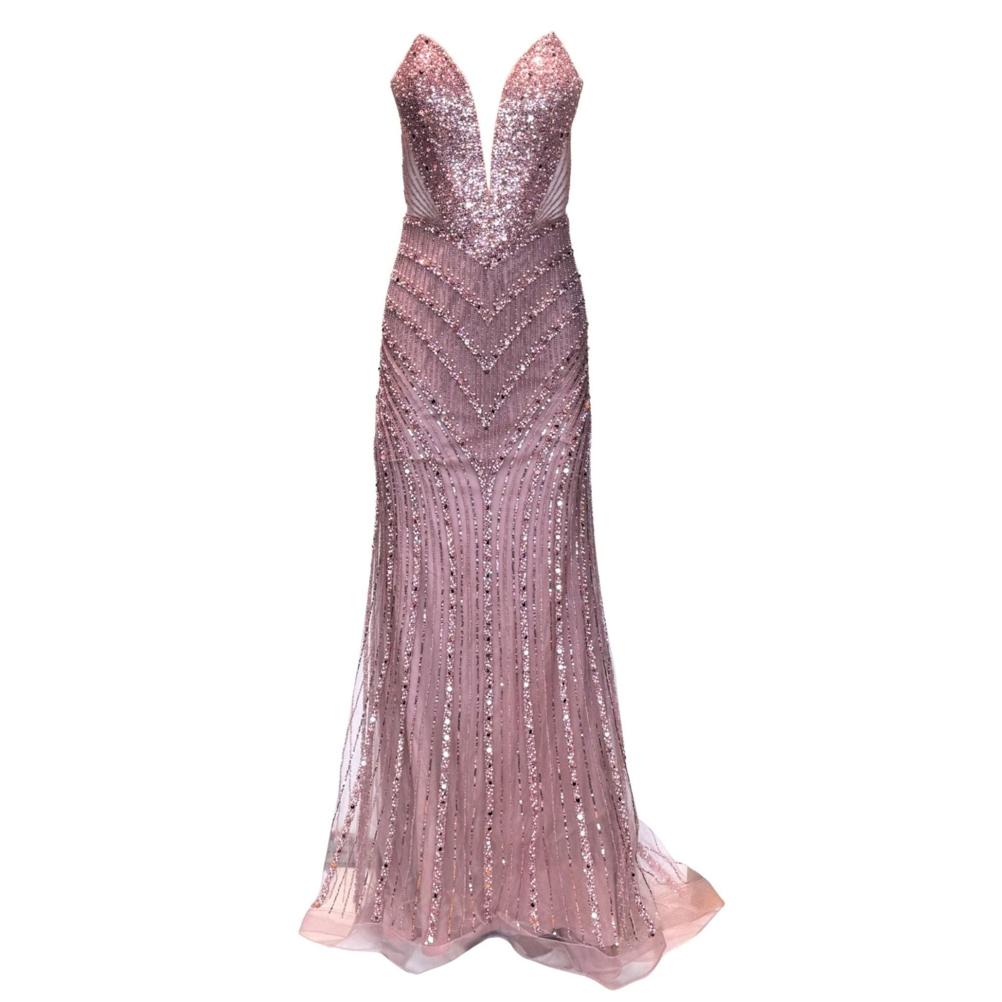 Cult Moda Formal Pink Dress V Plunge Neckline Strapless Beaded Fitted Dress - Runway Catalog