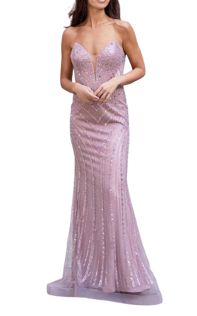 Cult Moda Formal Pink Dress V Plunge Neckline Strapless Beaded Fitted Dress - Runway Catalog