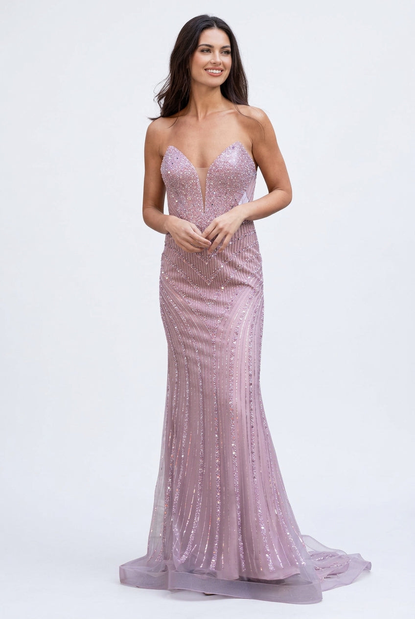 Cult Moda Formal Pink Dress V Plunge Neckline Strapless Beaded Fitted Dress - Runway Catalog
