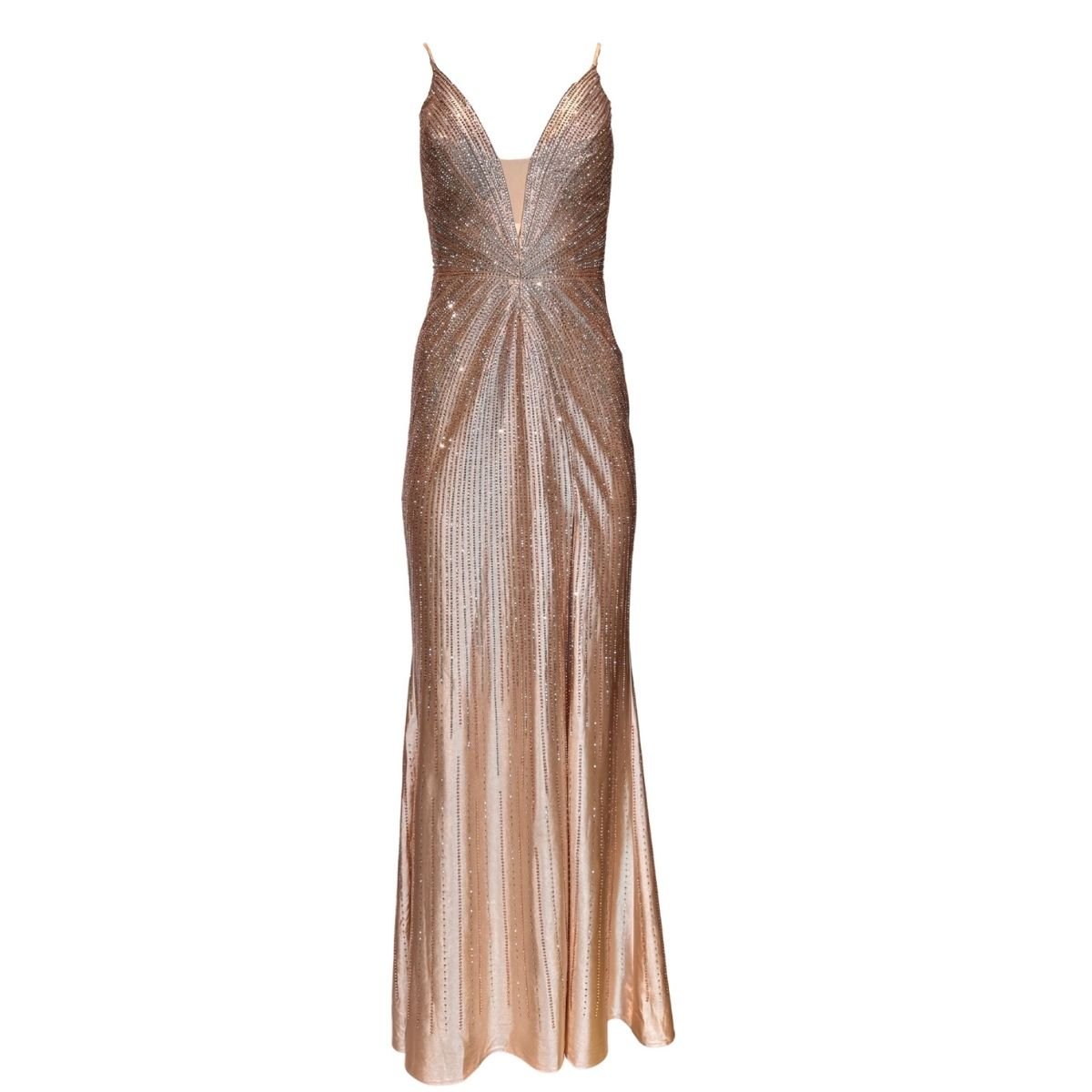 Cult Moda Gold Formal Dress with Rhinestone V - Plunge Mermaid Slit - Runway Catalog