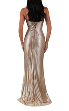 Cult Moda Gold Formal Dress with Rhinestone V Plunge Neckline Fitted Mermaid Leg Split - Runway Catalog