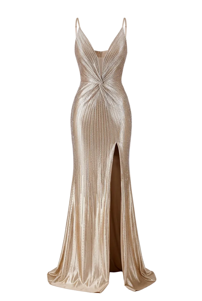 A floor-length champagne gold sequined gown with spaghetti straps, a plunging V-neckline, a twisted criss-cross bodice detail, and a high front slit, shown on a white studio background.