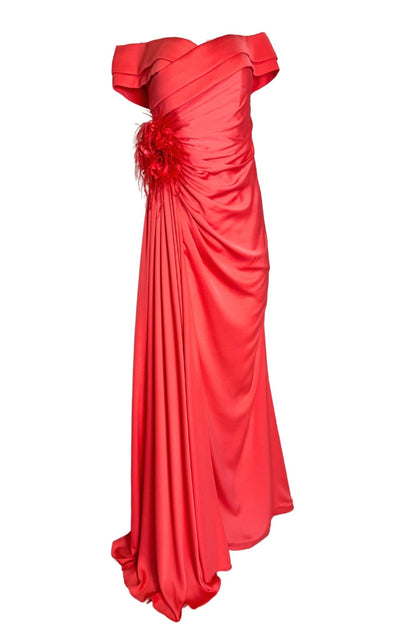 Cult Moda Off Shoulder Boat Neck Coral Prom Dress - Runway Catalog