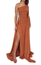 Cult Moda One Shoulder Beaded Gown in Brown - Runway Catalog