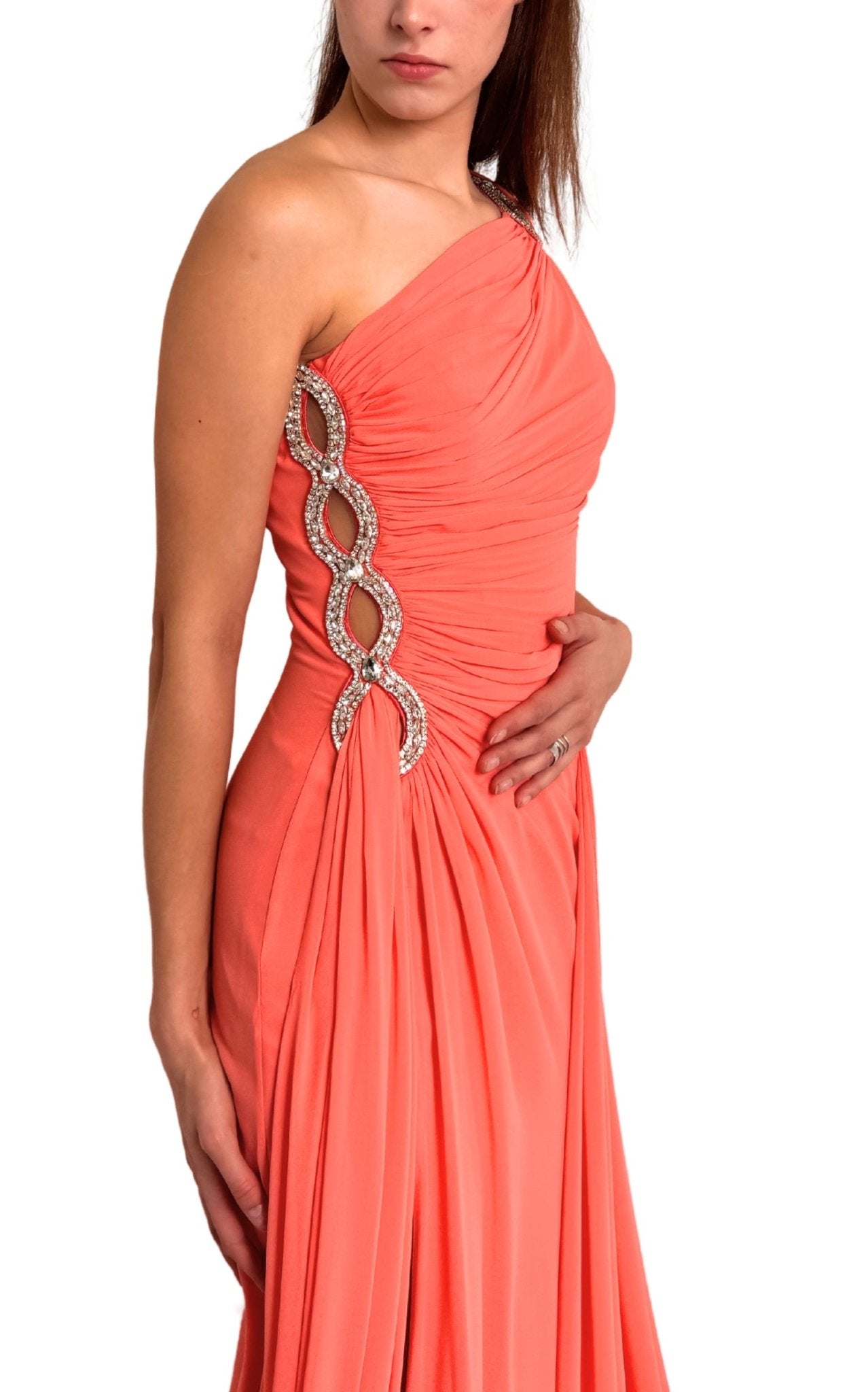 Cult Moda One Shoulder Beaded Gown in Coral - Runway Catalog
