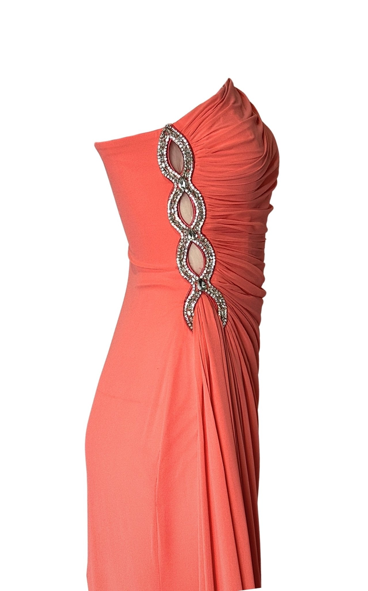 coral one shoulder dress *CORAL ONE-SHOULDER MAXI The intricate beaded embellishments adorn the bodice Opal One-Shoulder Gown in coral