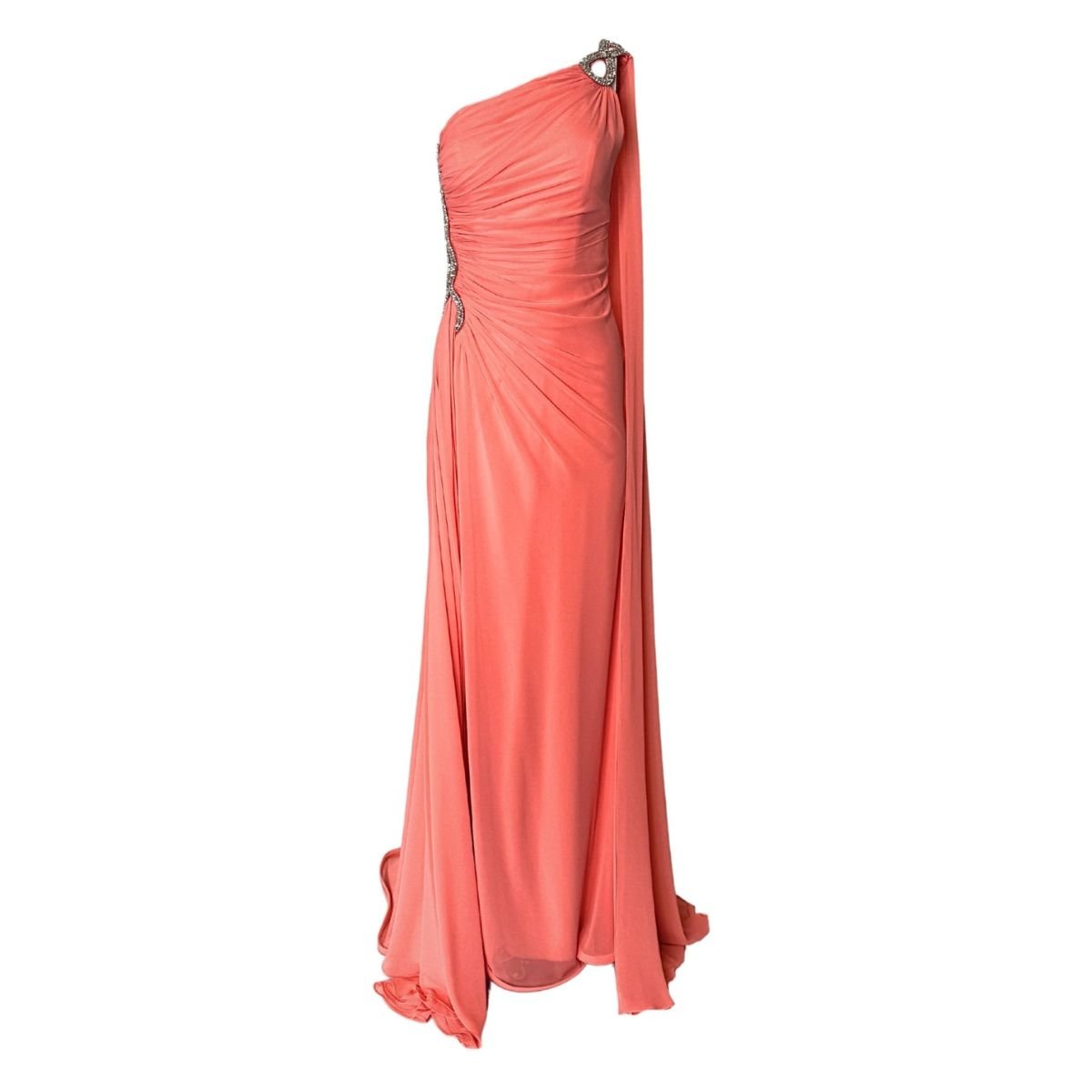 Cult Moda One Shoulder Beaded Gown in Coral - Runway Catalog