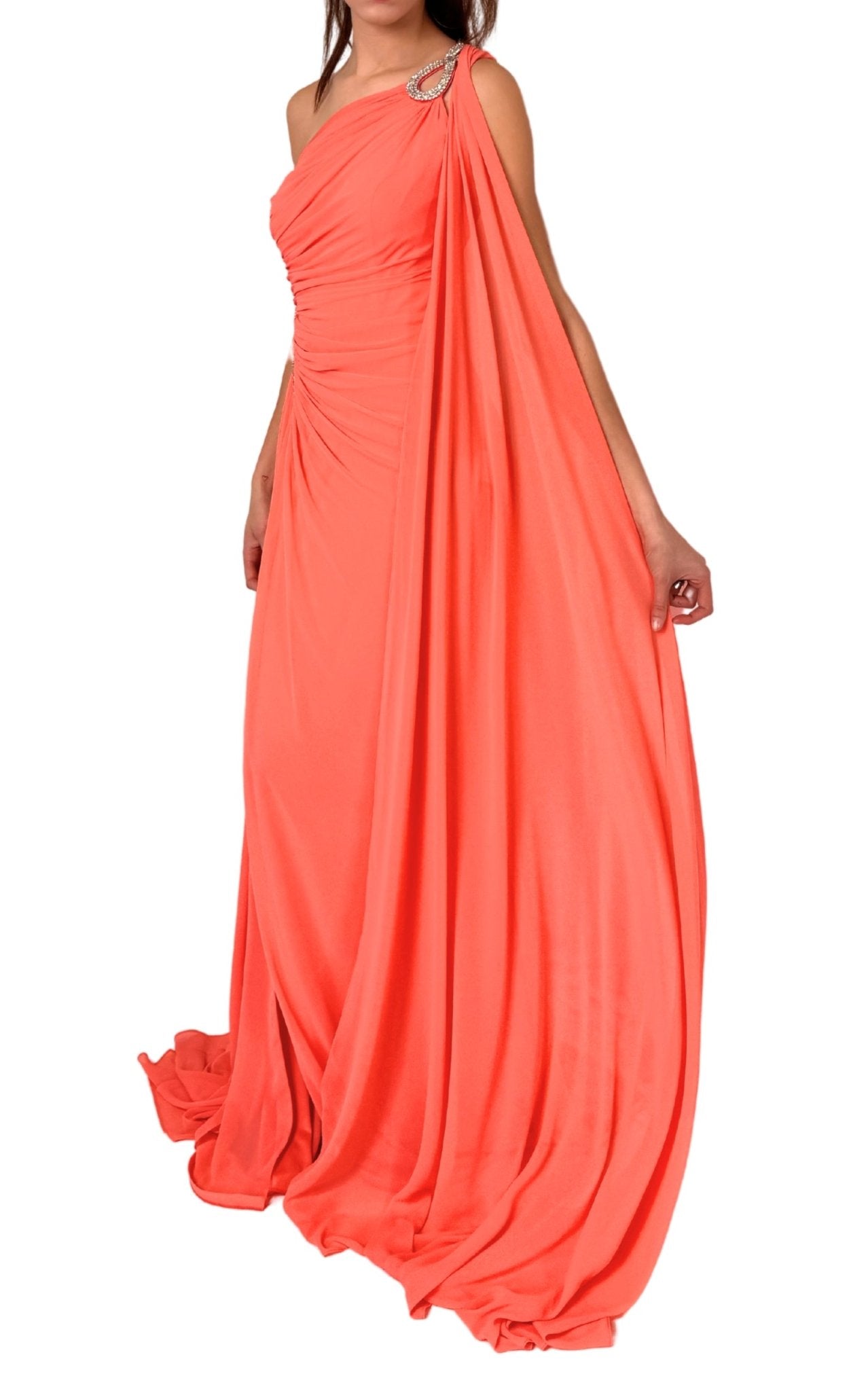 Cult Moda One Shoulder Beaded Gown in Coral - Runway Catalog