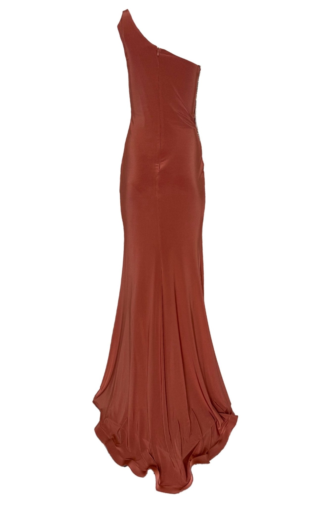Cult Moda One Shoulder Beaded Stretch Gown in Brown - Runway Catalog
