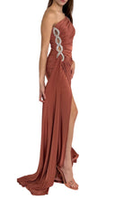 Cult Moda One Shoulder Beaded Stretch Gown in Brown - Runway Catalog