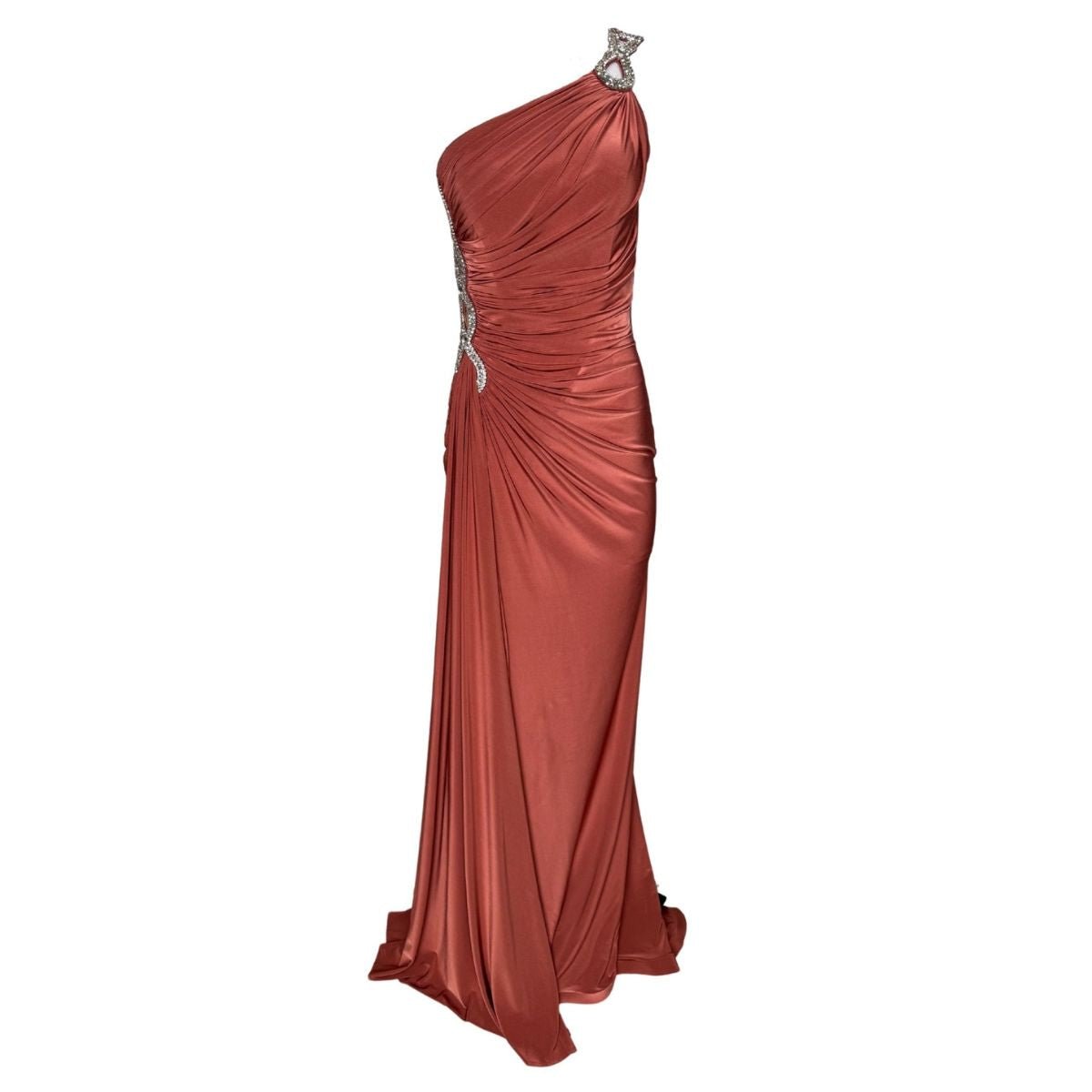 Cult Moda One Shoulder Beaded Stretch Gown in Brown - Runway Catalog
