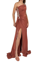 Cult Moda One Shoulder Beaded Stretch Gown in Brown - Runway Catalog