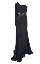 Cult Moda One-Shoulder Long Sleeve Chiffon Evening Gown with Crystal Waist - Runway Catalog