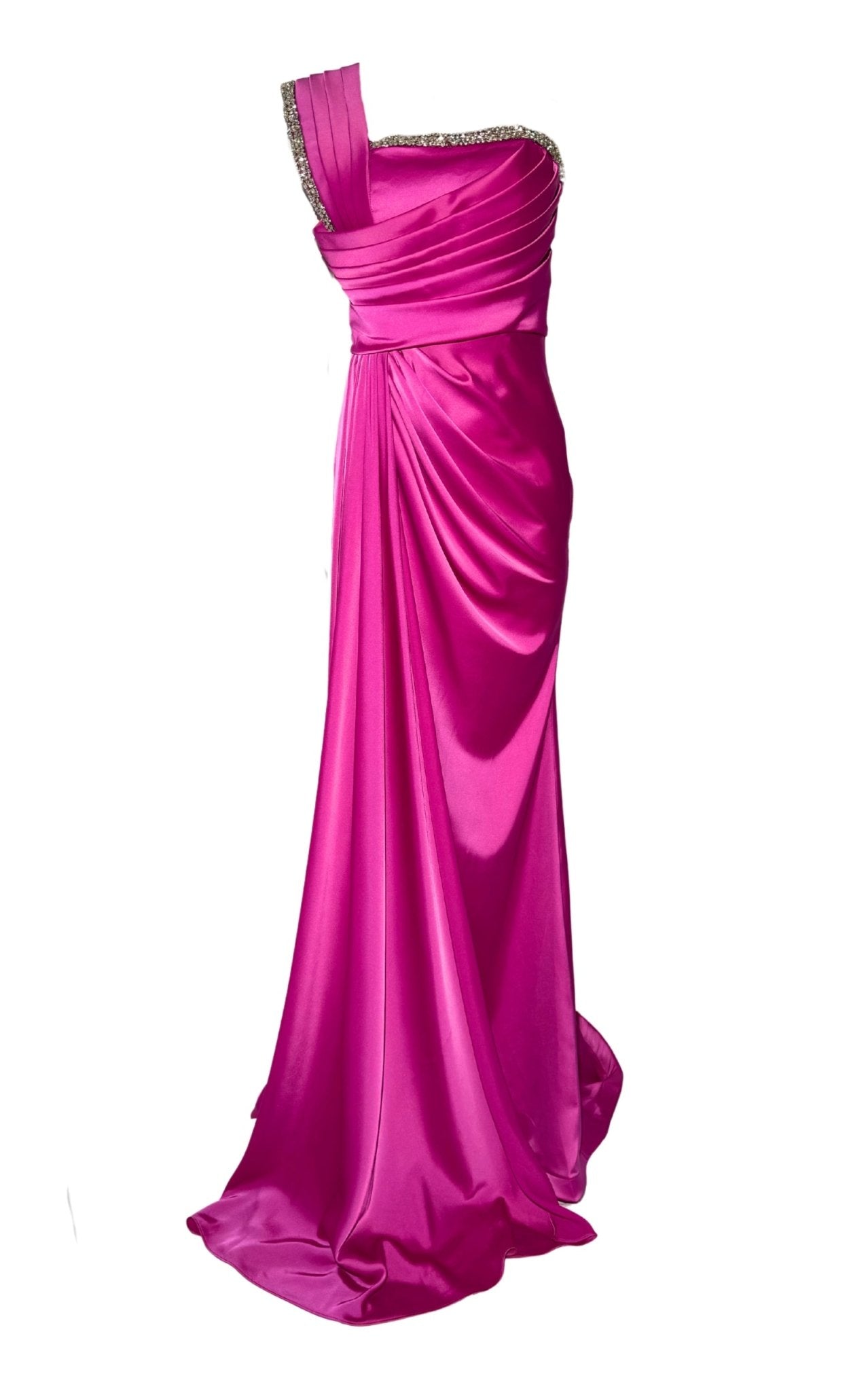 Cult Moda One Shoulder Satin Pleated Crystal Embellished Pink Prom Dresses - Runway Catalog