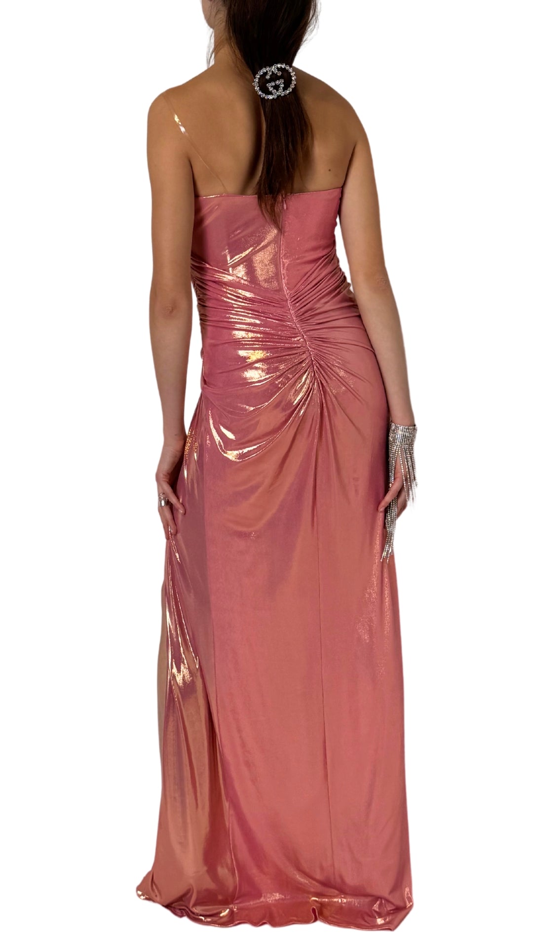Asymmetric Pink Iridescent Metallic Draped Gown Runway Catalog Asymmetric Pink Iridescent Metallic Draped Gown Runway Catalog