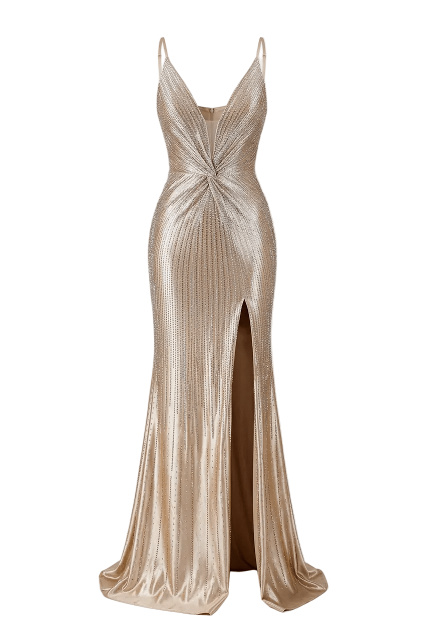 A floor-length champagne gold sequined gown with spaghetti straps, a plunging V-neckline, a twisted criss-cross bodice detail, and a high front slit, shown on a white studio background.