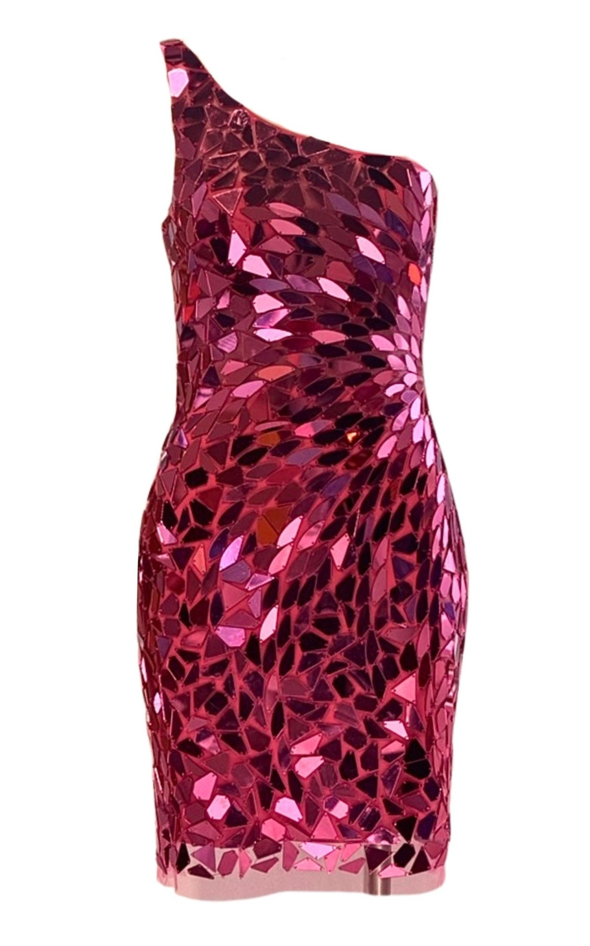 Shattered Mirror Pink One-Shoulder Mini Dress