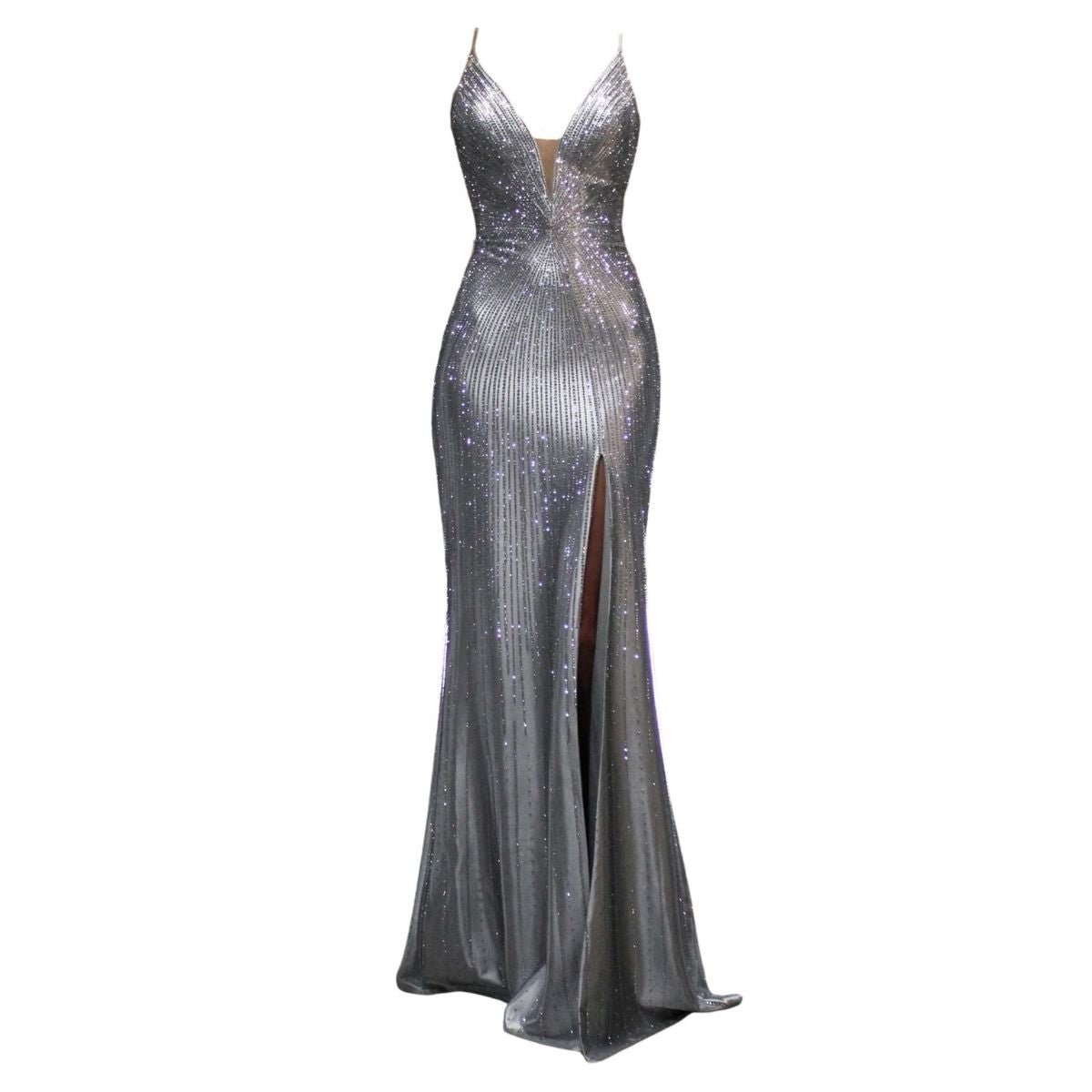Cult Moda Silver Formal Dress with Rhinestone V - Plunge Mermaid Slit - Runway Catalog