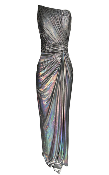 crisandra metallic dress Asymmetric Silver Iridescent Metallic Draped Gown FR 42