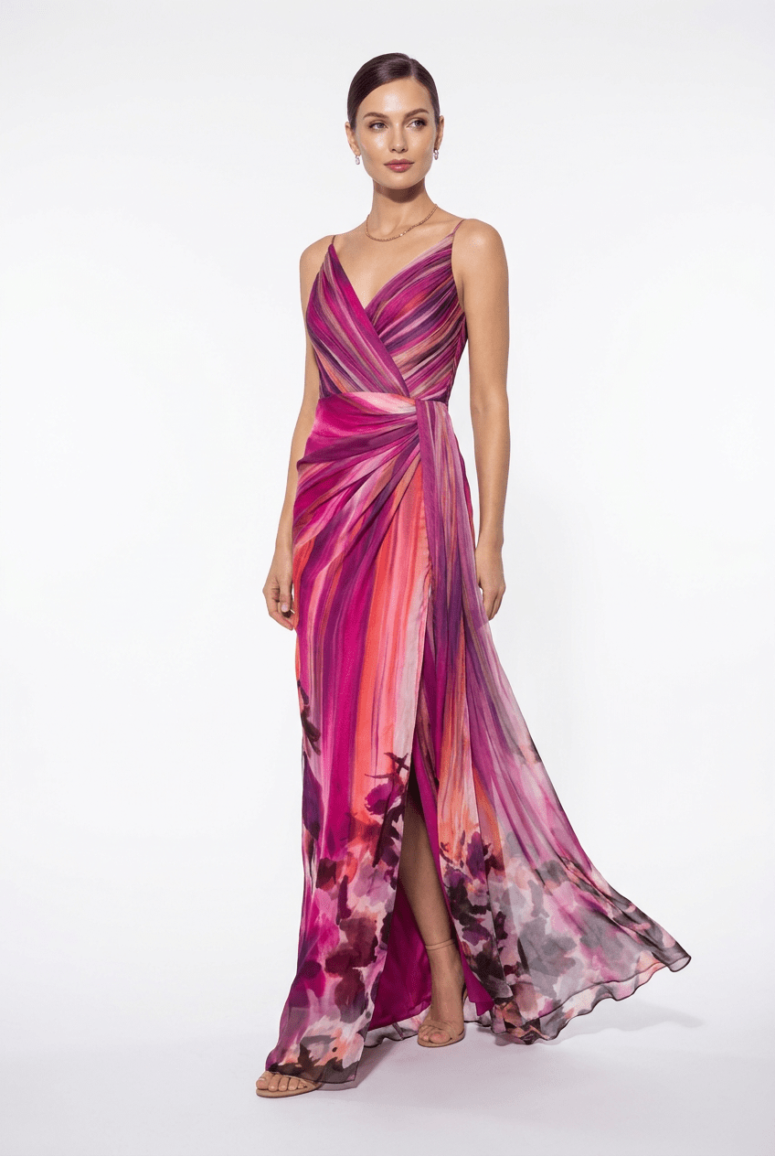 A woman modeling a sleeveless, floor-length wrap-style gown with a draped V-neck bodice and flowing skirt. The dress features a bold abstract print in vivid magenta, pink, purple, and orange tones, with darker floral-like shading near the hem, photographed against a clean white studio background.