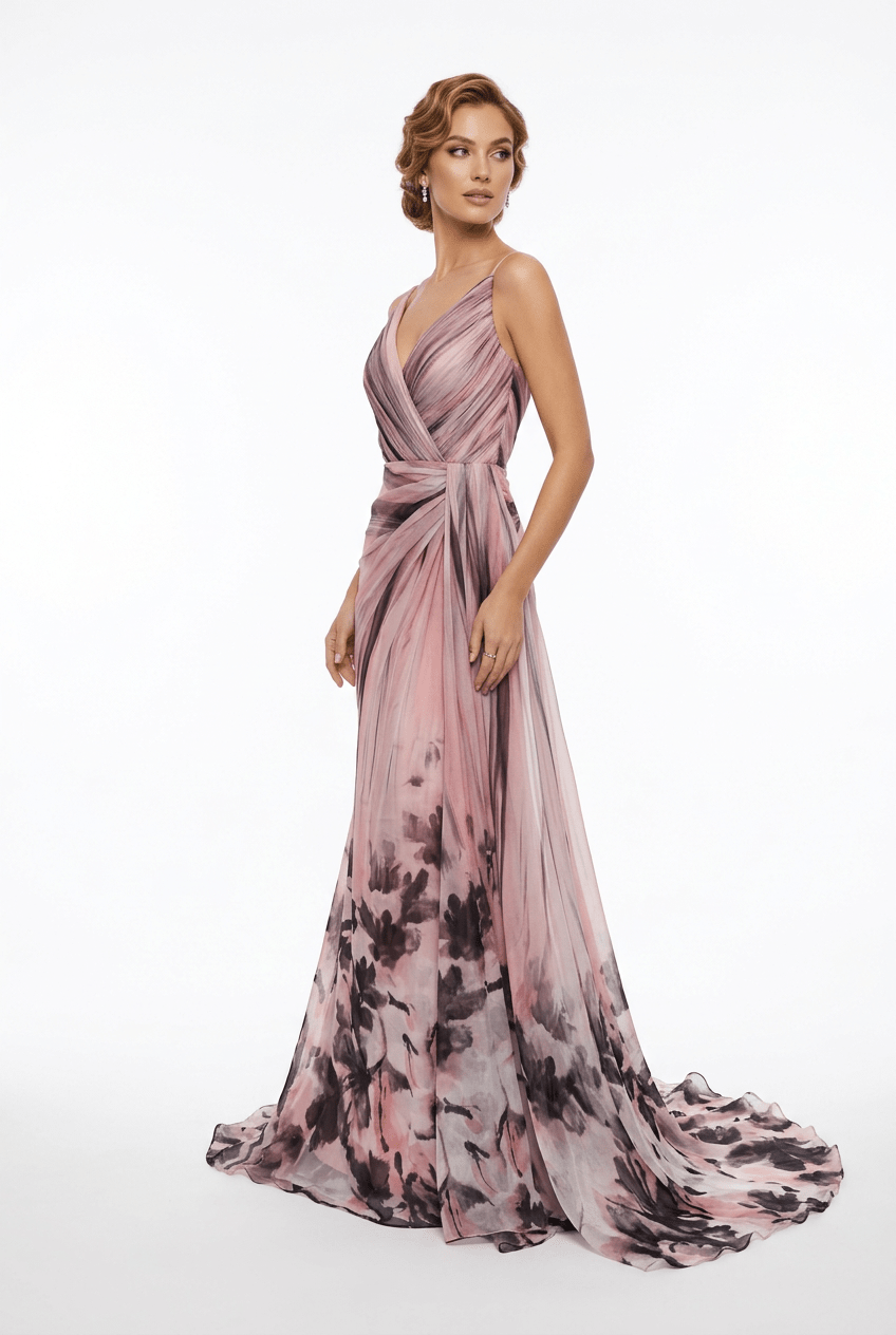 A woman modeling a floor-length sleeveless gown with a draped, wrap-style bodice and a flowing skirt featuring a pink, mauve, and charcoal watercolor floral print, set against a plain white studio background.