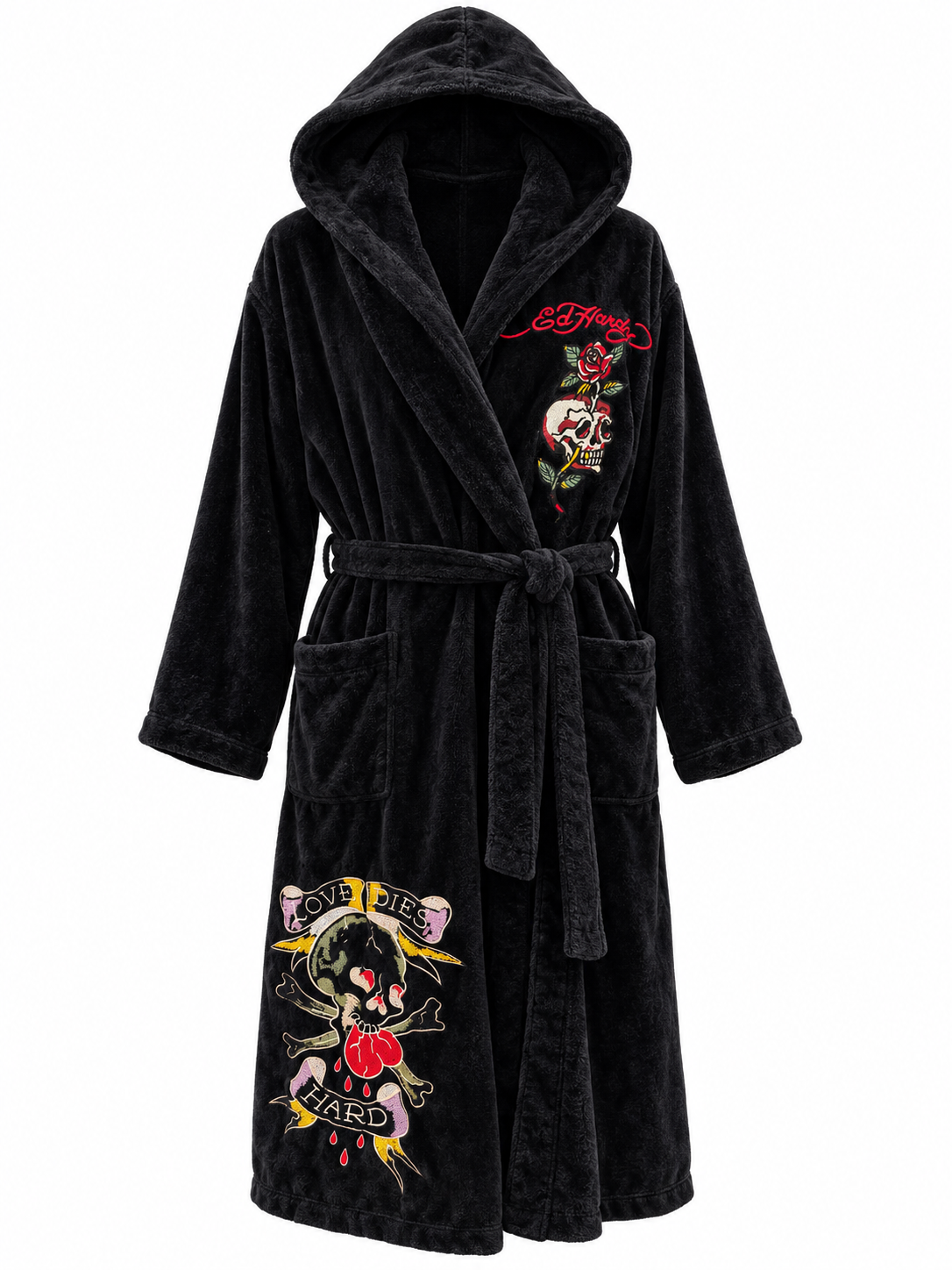 A black plush hooded robe with a tie belt, featuring Ed Hardy tattoo-style graphics on the chest and lower front pocket area, shown against a plain white background.