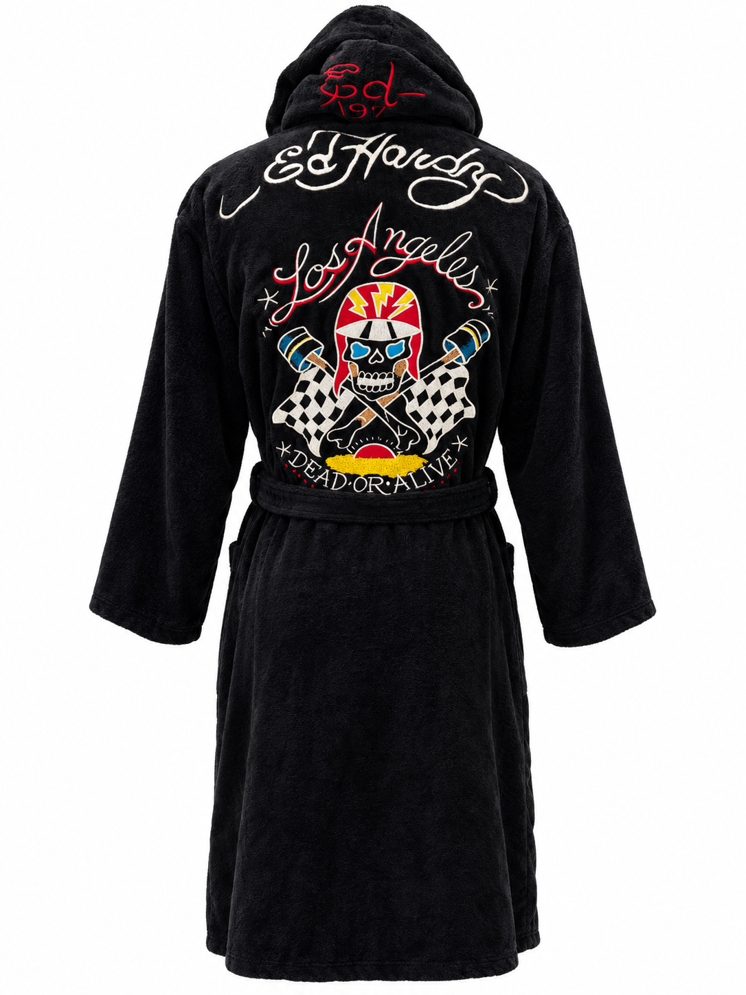 A black hooded bathrobe with a large embroidered Ed Hardy Los Angeles graphic on the back, featuring a skull in a racing helmet, crossed checkered flags, and the text 'Ed Hardy', 'Los Angeles', and 'Dead or Alive'.