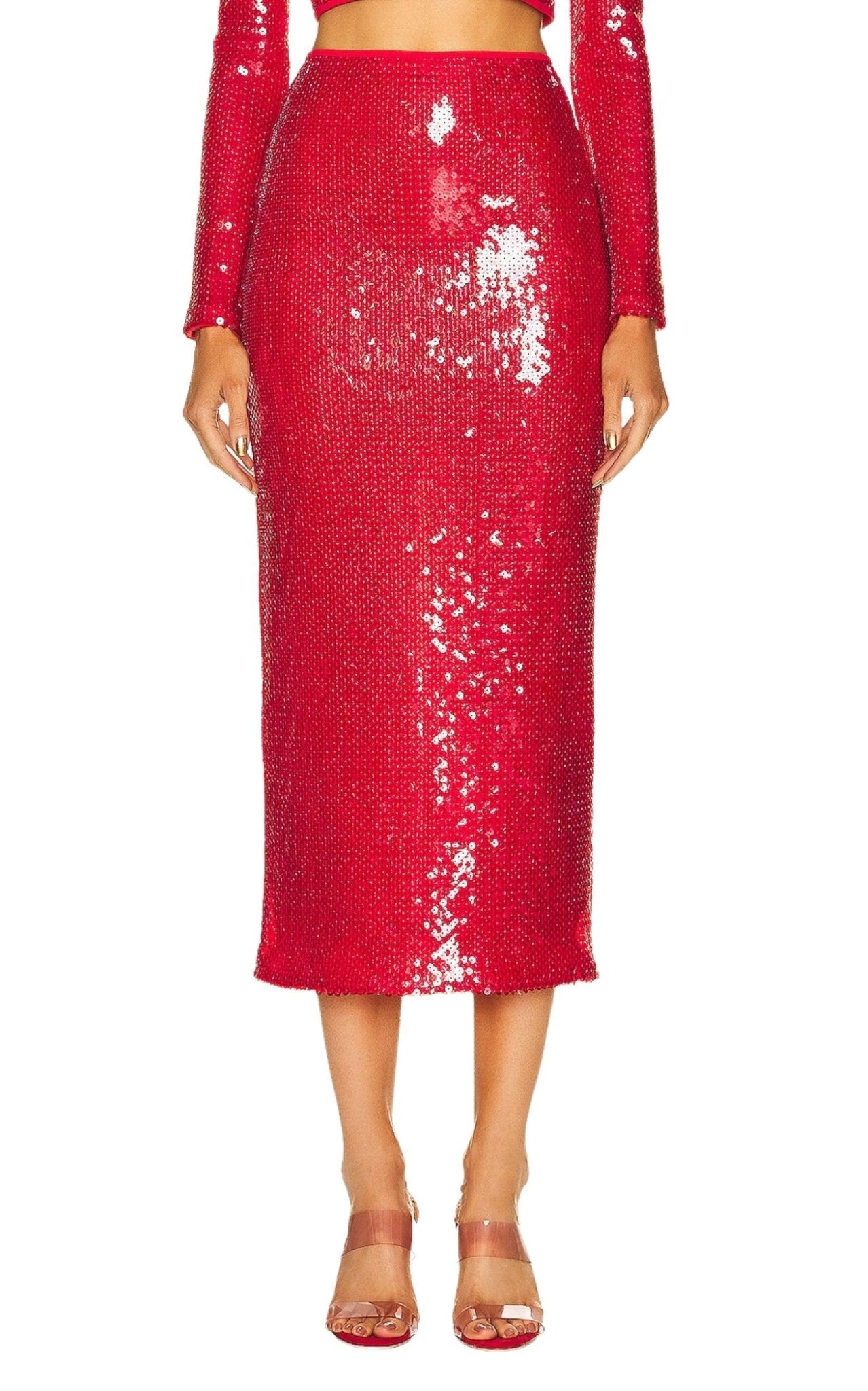 David Koma Sparkly Sequinned Red Midi Skirt - Runway Catalog