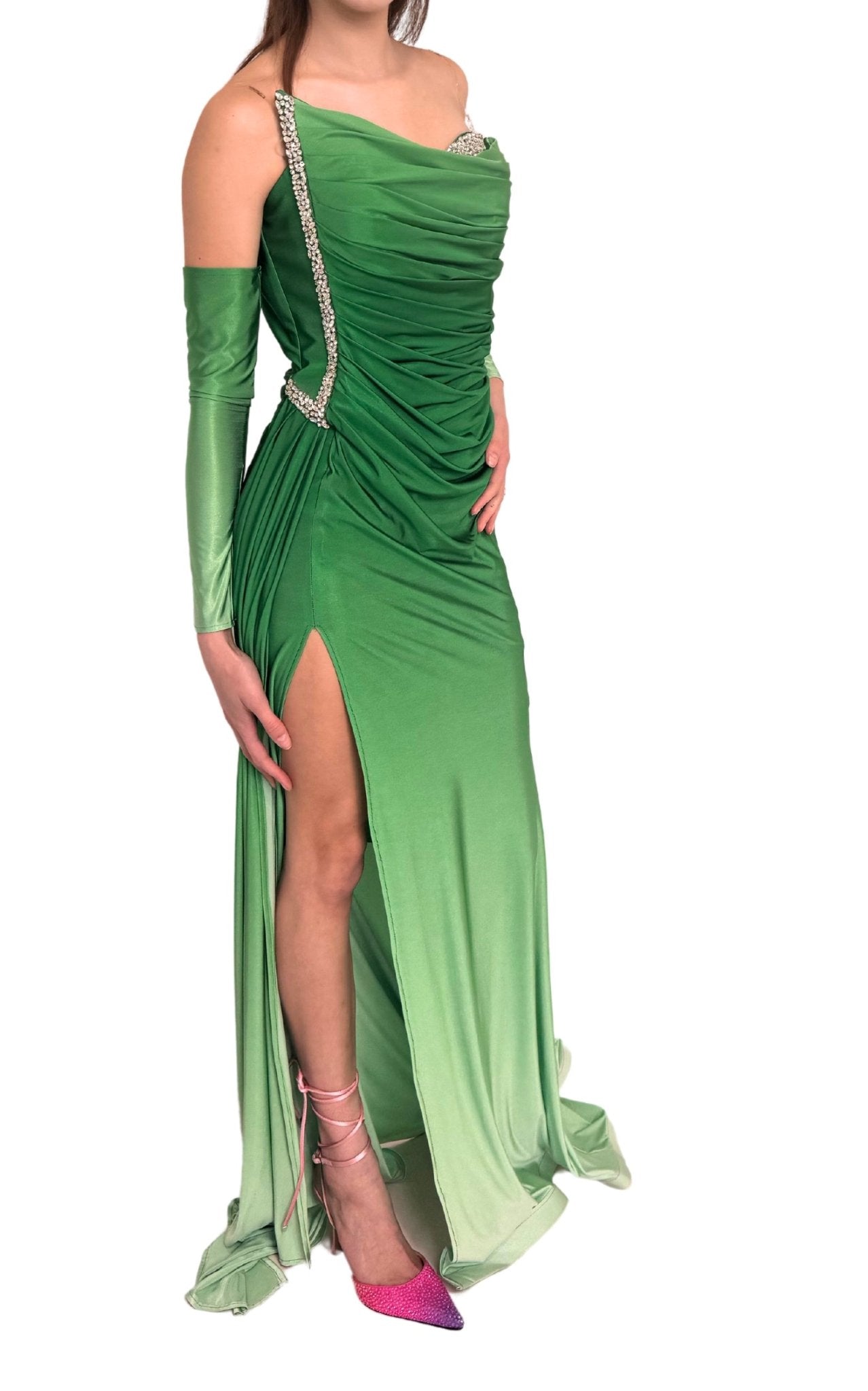 Dekolte Rhinestone Embellished Green Ombre Gown - Runway Catalog