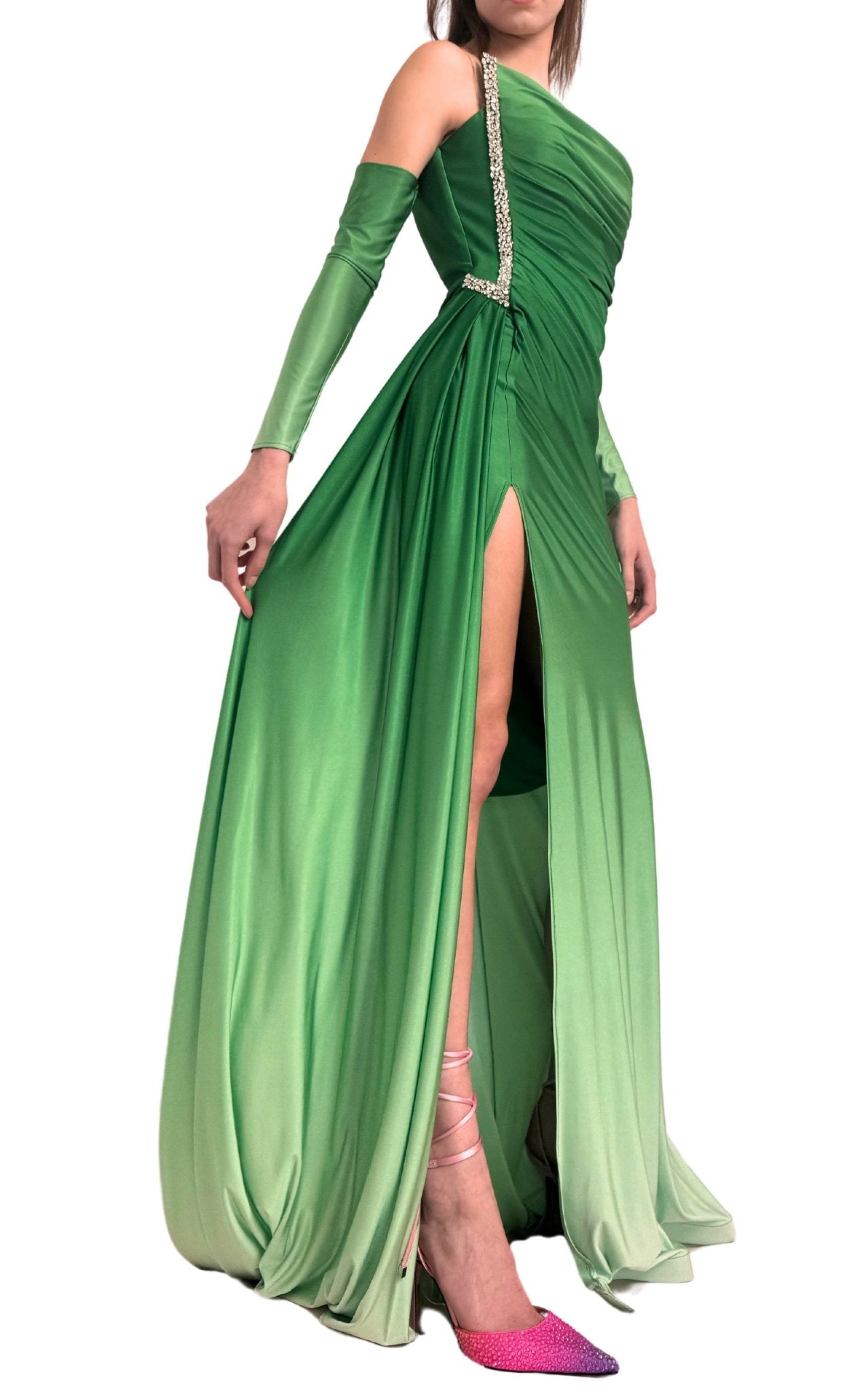 Dekolte Rhinestone Embellished Green Ombre Gown - Runway Catalog