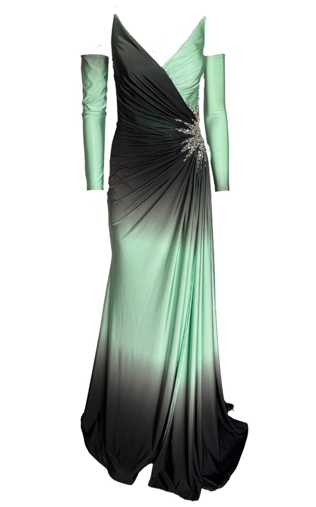 Dekolte Rhinestone Embellished Green Ombre Party Dress - Runway Catalog