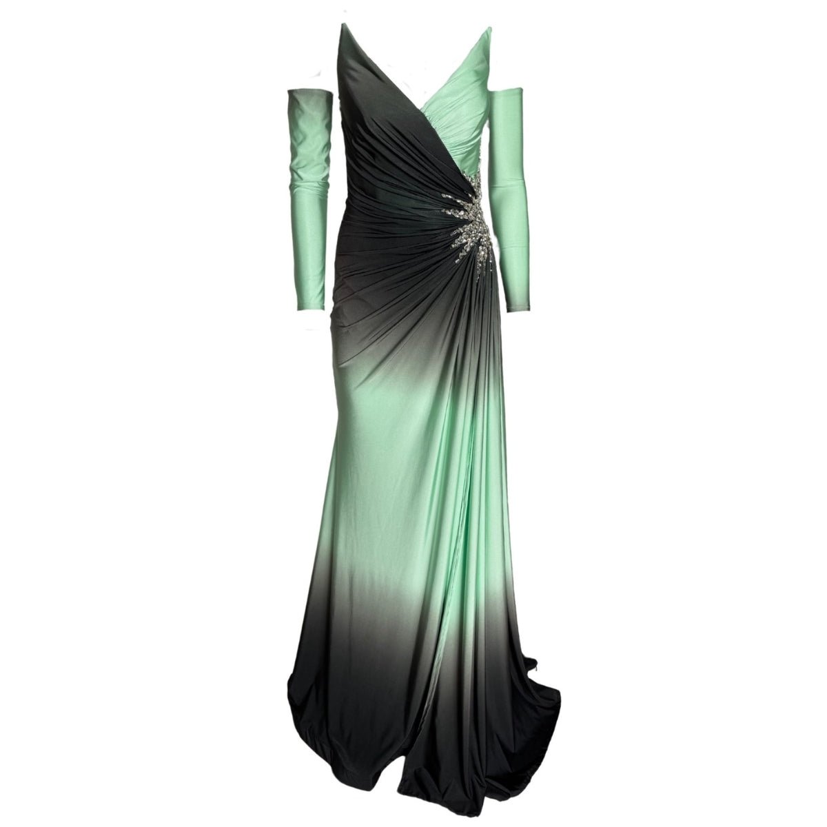 Dekolte Rhinestone Embellished Green Ombre Party Dress - Runway Catalog