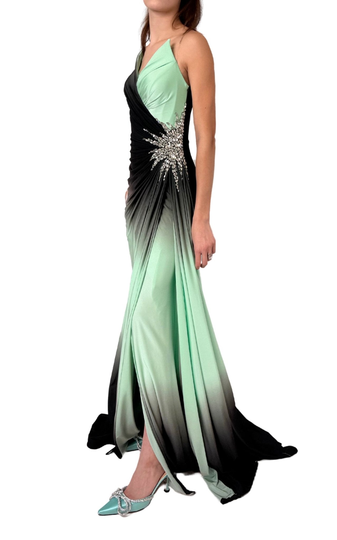 Dekolte Rhinestone Embellished Green Ombre Party Dress - Runway Catalog
