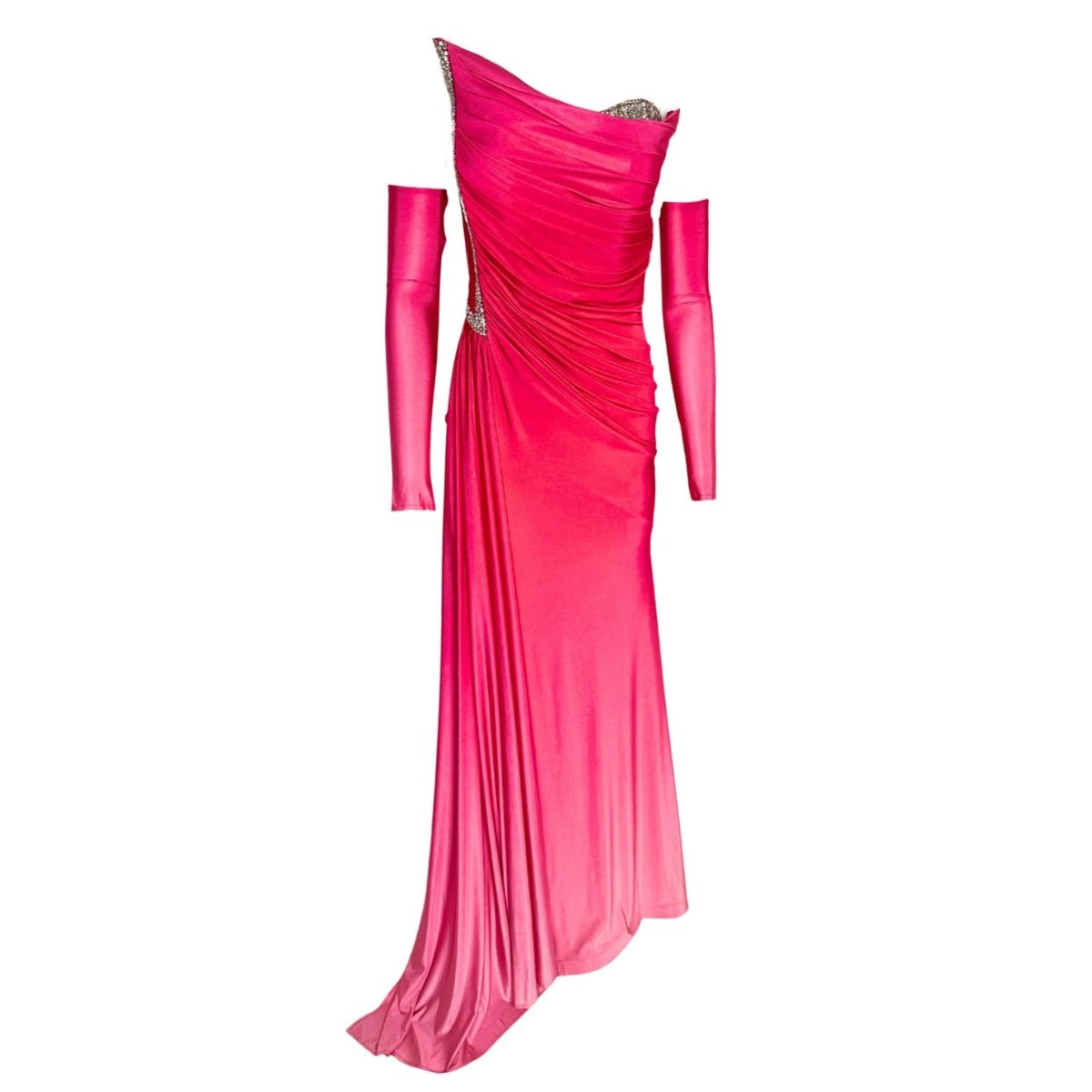 Robe longue rose dégradée ornée de strass au décolleté - Catalogue Runway