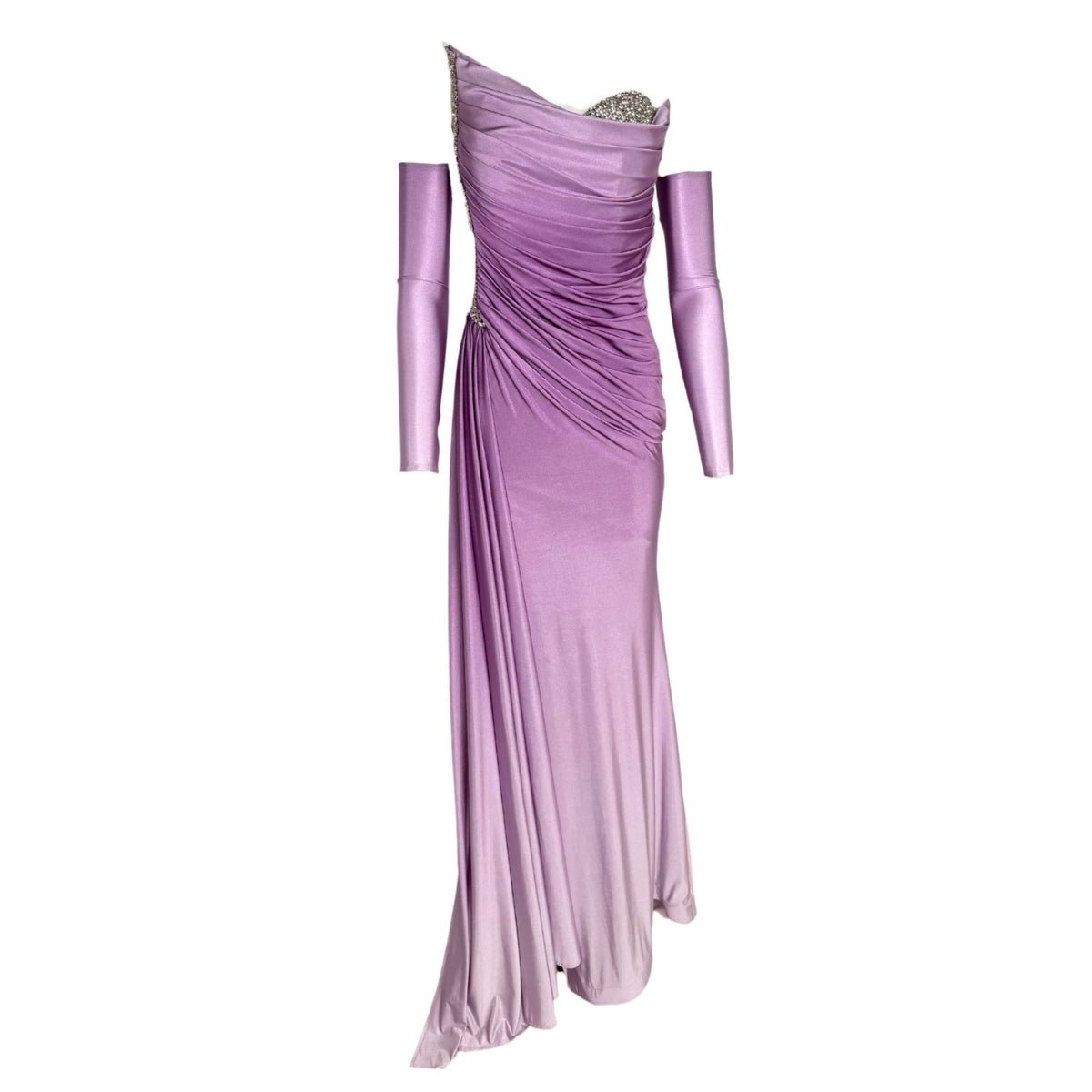 Robe longue violette dégradée ornée de strass au décolleté - Catalogue Runway